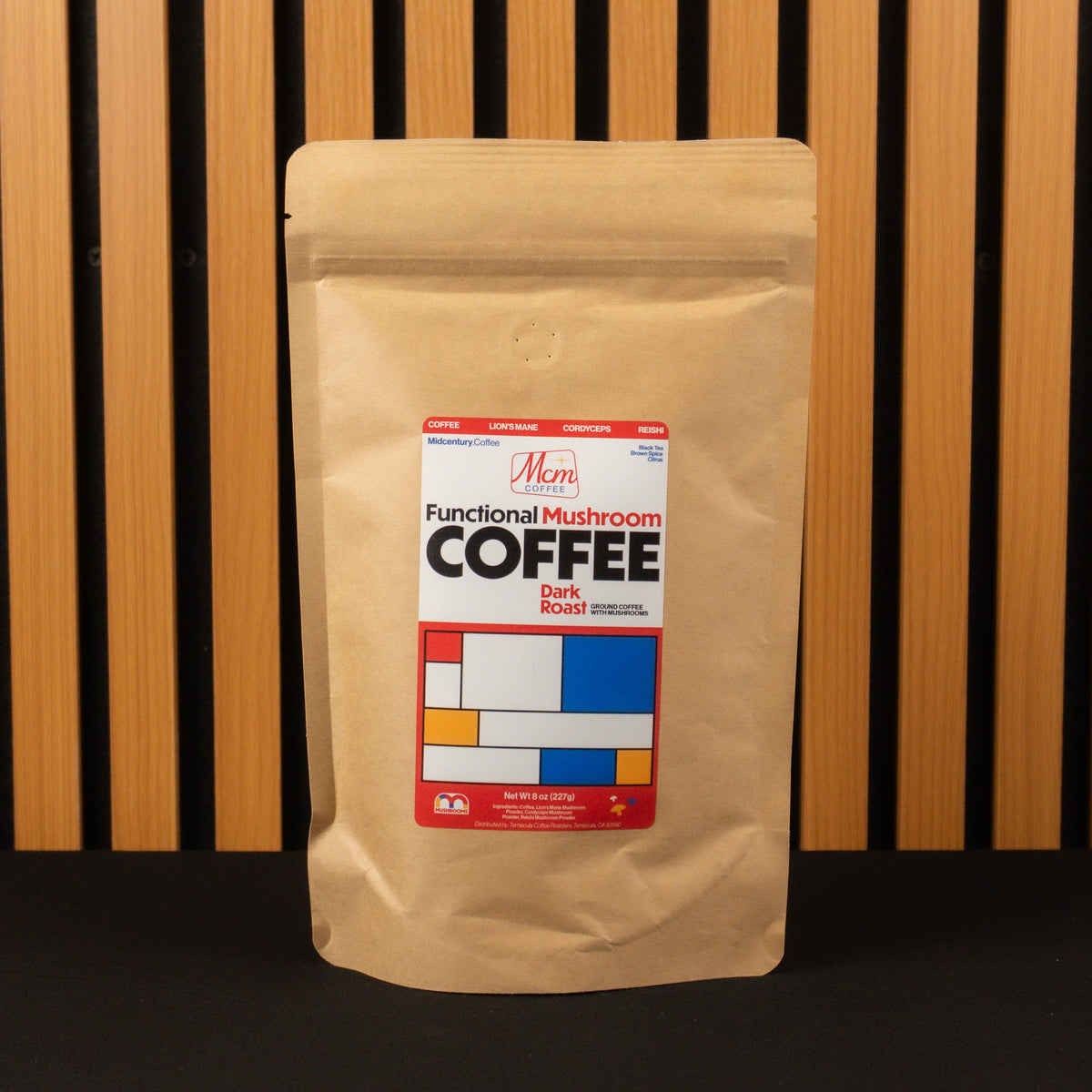 Mushroom Coffee package with a label on a wooden background